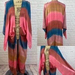 Lovestitch Striped Tie Dyed Open Front Angled Sleeve Kimono